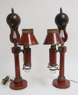 Pair Red Tole Peinte Lamps, 19th C.