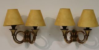 Pair Art Deco Brass 2-Light Trumpet Form Sconces