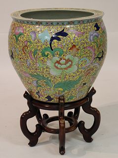 Chinese Porcelain Fish Bowl Planter on stand