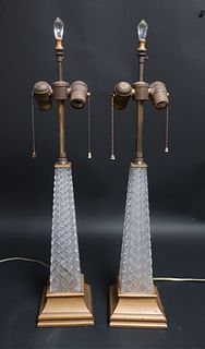 Pair Baccarat Style Cut Glass Obelisk Lamps