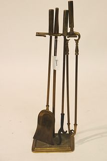 Set of Modernist Brass Fire Tools & Stand