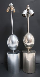 Two Egg Form Polished Metal Table Lamps
