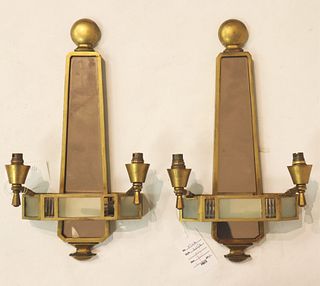 Pair French 1940s Brass & Glass 2-Light Girandoles