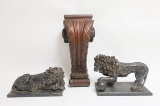 Three Wall Brackets - 2 Resin Lions, 1 Carved Oak