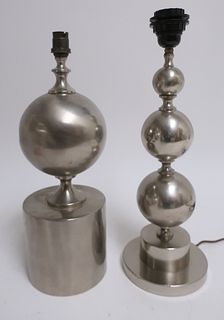 Two Modern Ball Form Brushed Metal Lamps