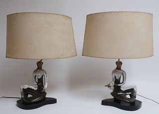 Pr Midcentury Ceramic Seated Figure Lamps