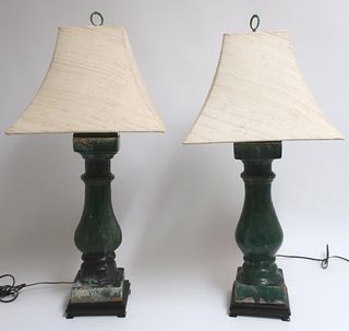 Pr. Green Glazed Earthenware Columnar Table Lamps
