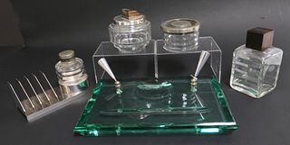 6-Pc. Art Deco glass and silver trays, jars