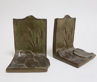 Pr. Art Nouveau Style Lily Pad & Cattails Bookends