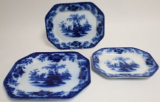 3 Flow Blue 'Scinde' Transferware Platters, 19th C