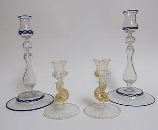 Two Pairs of Venetian Glass Candlesticks