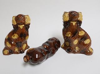 Pair Redware Spaniels, 19th C. & Flask