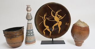 3 Art Pottery Ceramic Vases & Platter on Stand
