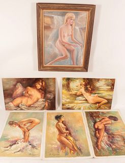 Group of Six Nudes Oil on Canvas, 20th C