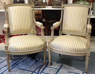Pair of Louis XVI Style Painted Fauteuil, 19th C