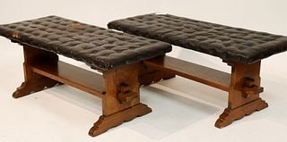 Pair of Mission Oak and Leather Tufted Benches