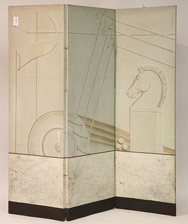 Late Art Deco Painted 3-Panel Surrealist Screen
