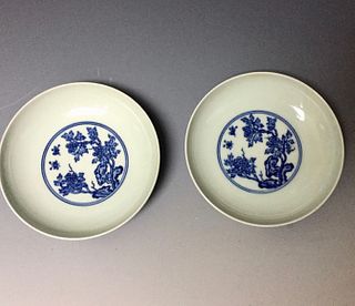 A PAIR OF CHINESE ANTIQUE BLUE AND WHITE PLATES , YONGZHEN MARKED.