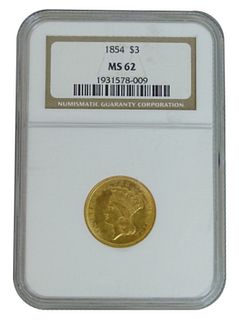 1854 Three Dollar Gold MS 62