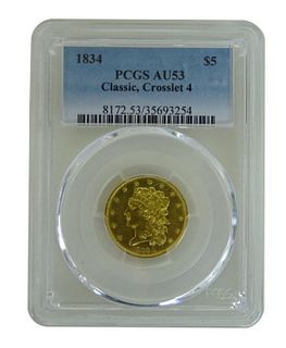 1834 $5 Classic, Crosslet 4 AU53