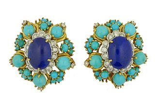 French 18K Turquoise, Lapis And 1.50ct Diamond Earrings