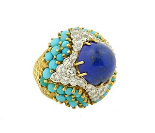 Designer 18K Turquoise, Lapis and Diamond Ring