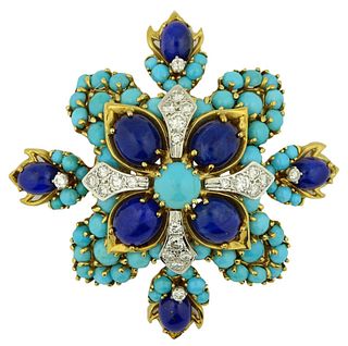 French 18K Turquoise, Lapis And 1.20ct Diamond Pendant