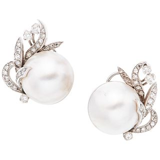 HALF PEARLS AND DIAMONDS EARRINGS. 14K WHITE GOLD AND PALADIUM SILVER
