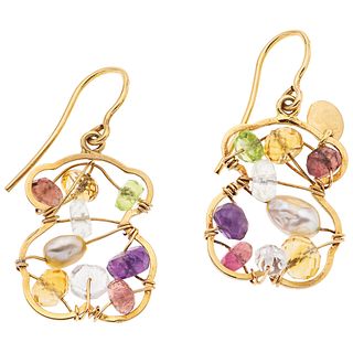 EARRINGS WITH CULTURED PEARLS, QUARTZ, AMETHYSTS, PERIDOTS AND CITRINE. 18K YELLOW GOLD