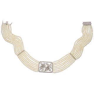 CULTURED PEARLS AND DIAMONDS CHOKER. 18K WHITE GOLD