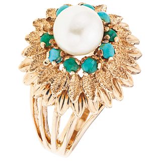 CULTURED PEARL AND TURQUOISE RING. 14K YELLOW GOLD