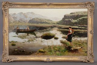 Hans Dahl "Young Woman at Lake" oil on canvas.