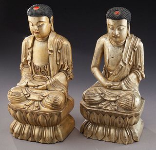 (2) Chinese Qing carved gold lacquer Buddha,