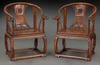 Pr. Chinese carved Huanghuali wood armchairs,