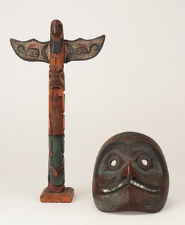 Old Haida Hawk Mask and a Small Totem Pole