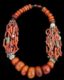 Old Moroccan Berber Necklace with Amber and Coral