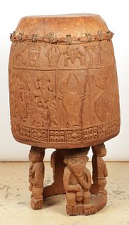 Monumental Bamum or Bamileke Carved Drum, Ht. 58"