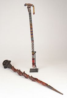 Two African Carved Wood and Beaded Staffs 