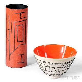 Vallenti Enameled Metalwork Vase and a Ceramic Bowl