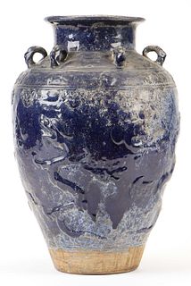 Chinese Relief Decorated Blue Glaze Vase