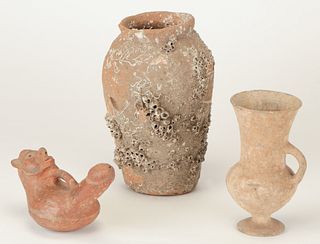 Pre-Columbian Phallic Vessel and 2 Clay Pots