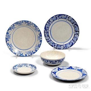Three Dedham Pottery Plates, a Saucer, and a Bowl