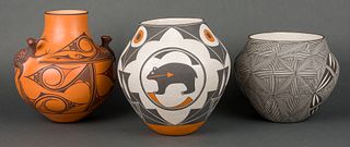 Various | Lot of Three - Zuni Pot, Acoma Pot with Bear & Acoma Black & White Pot