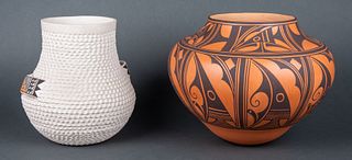 Various | Lot of Two - Zuni Design Pot & White Corrugated Pot