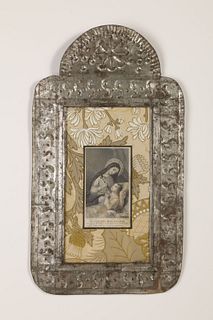 Tin Frame with Devotional Card, ca. 1870-1895