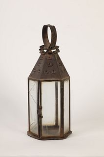 Hexagonal Tin Lantern with Glass Sides, ca. 1900