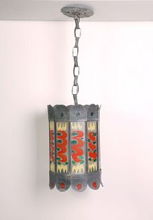 Painted Glass Hanging Tin Lamp, 20th Century