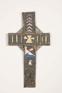 Tin Cross with Wool and Paper Decoupage, ca. 1885