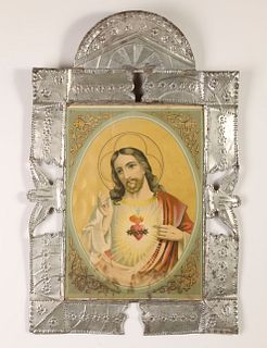 Tin Frame with Colored Devotional Print, ca. 1905