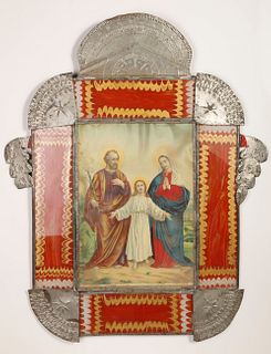 Large Tin Frame with Devotional Print, ca. 1885